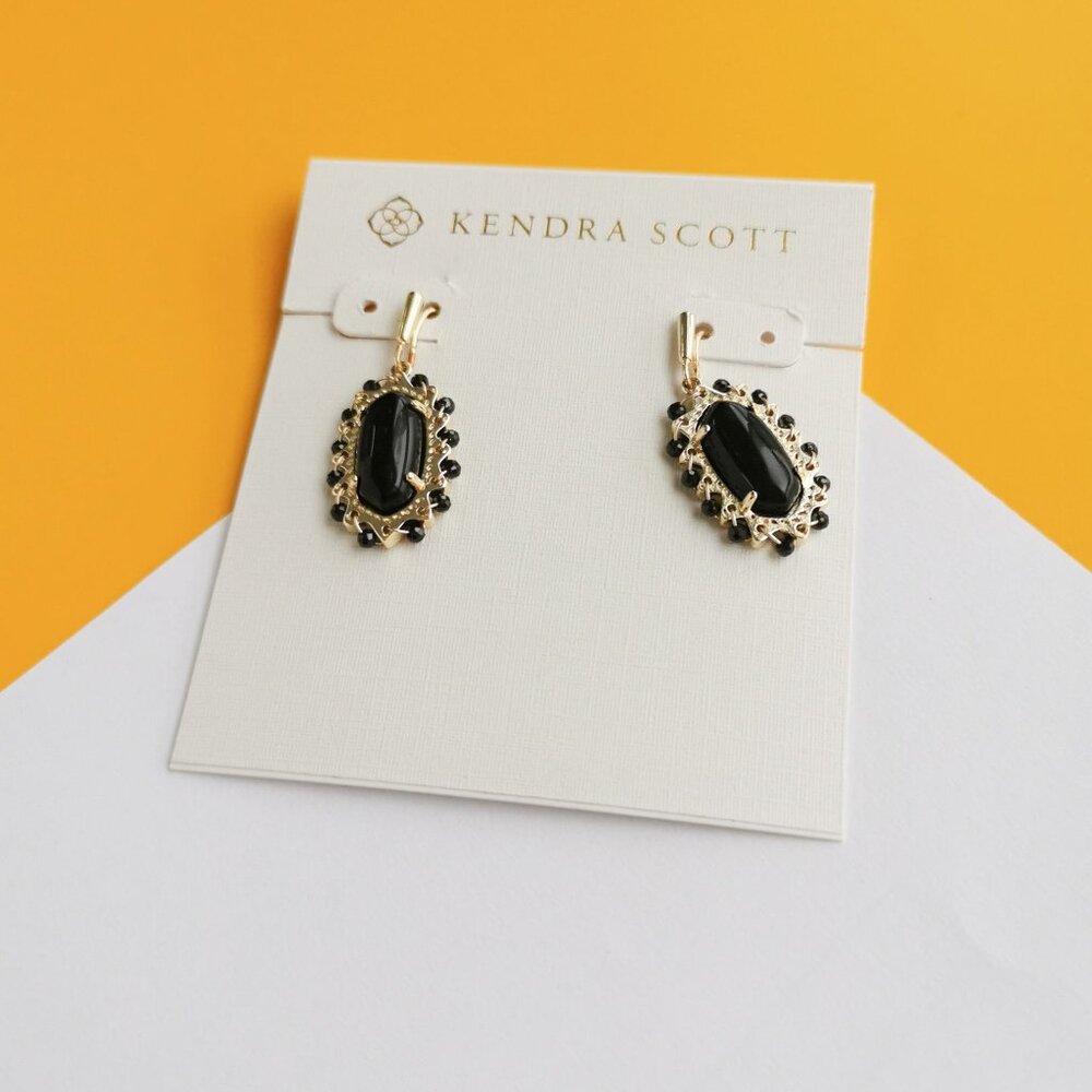 Kendra Scott Beaded Lee Gold Black Obsidian Drop Earrings